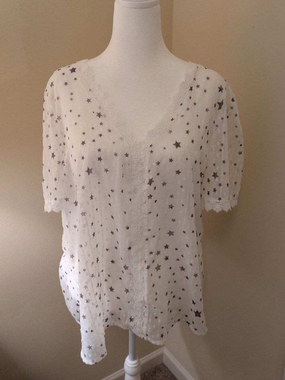 Shein Curve 2XL White Sheer Star Print Lace Trim Blouse Boho Romantic Top